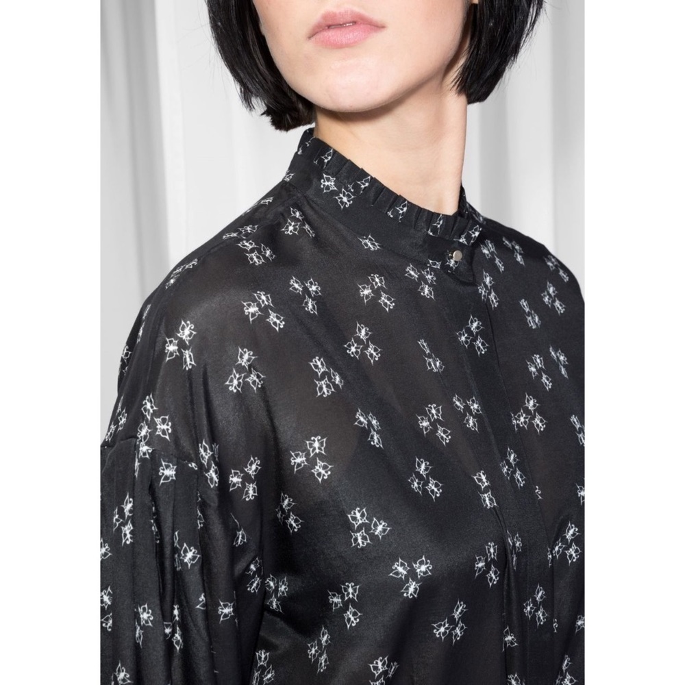 & Other Stories black blouse butterfly print ditsy cotton silk blend ruffle 36